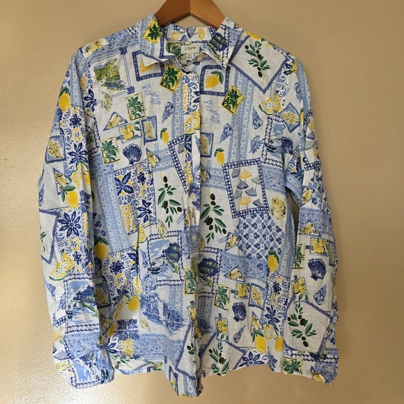 J Crew Linen Blend Coastal Patchwork Lemons Button Up Shirt XL Euro Summmer NWT - Picture 2 of 16